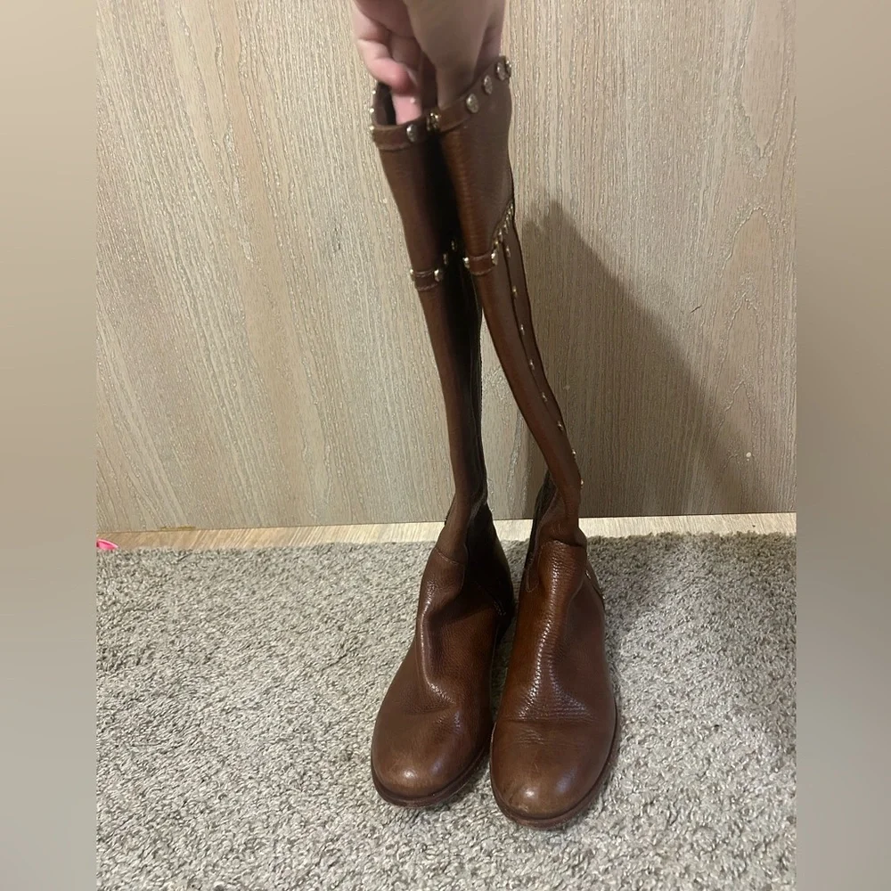 Tory Burch Mae Gold Studs Brown Pebble Leather Tall Riding Boots Women's Size 6